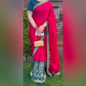 Green and pinkish red Saree